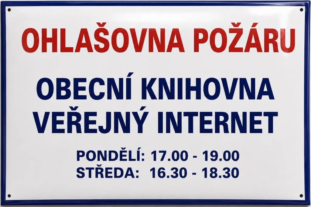 Smaltovaná cedule pro ohlašovnu požárů a knihovnu O-istitut 7