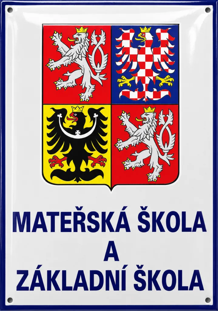 Smaltovaná cedule pro školu se školkou a státním znakem A6-skola 1